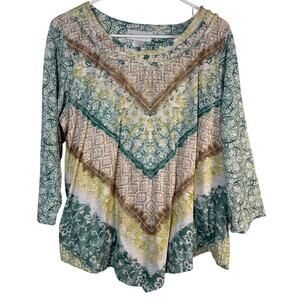 Alfred Dunner Boho Chevron Paisley Beaded Blouse Green Large